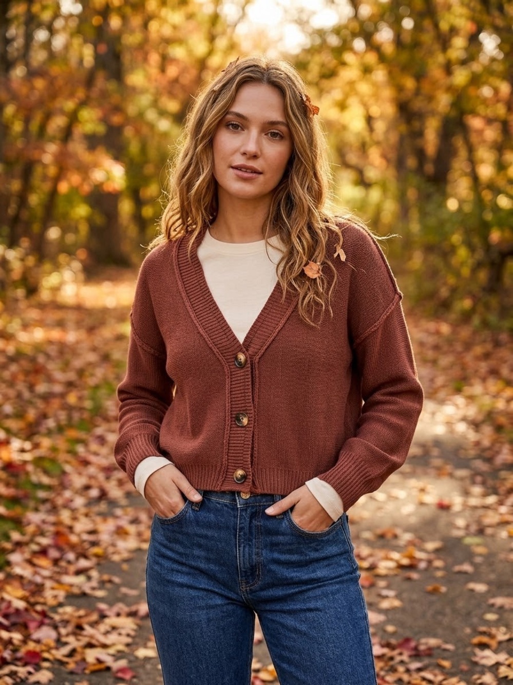 NWT Cropped Rust Brown V-Neck Button-Front Cardigan Sweater Women’s Size Medium